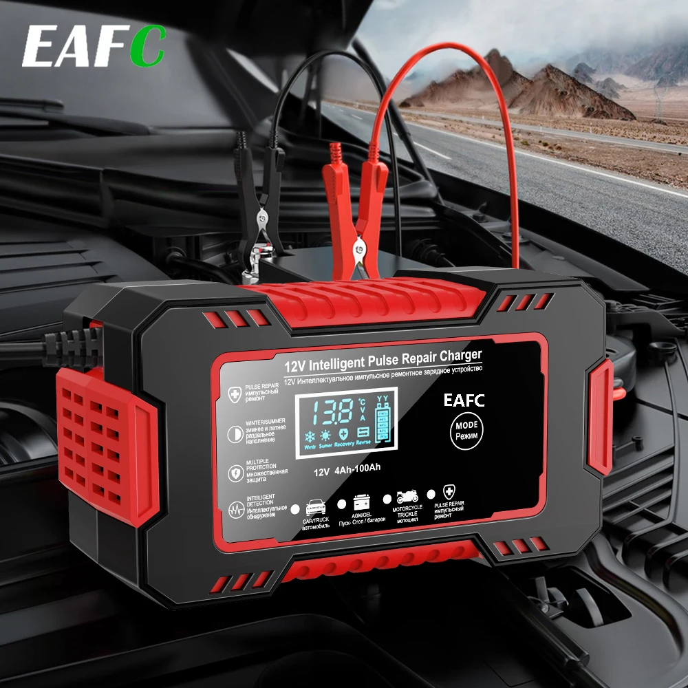 EAFC 12V 6A Power Puls Reparatur Ladegerät Auto Batterie Ladegerät LED Display Moto Lkw Batterie Ladegerät Nass Trocken Blei säure Batterie Image
