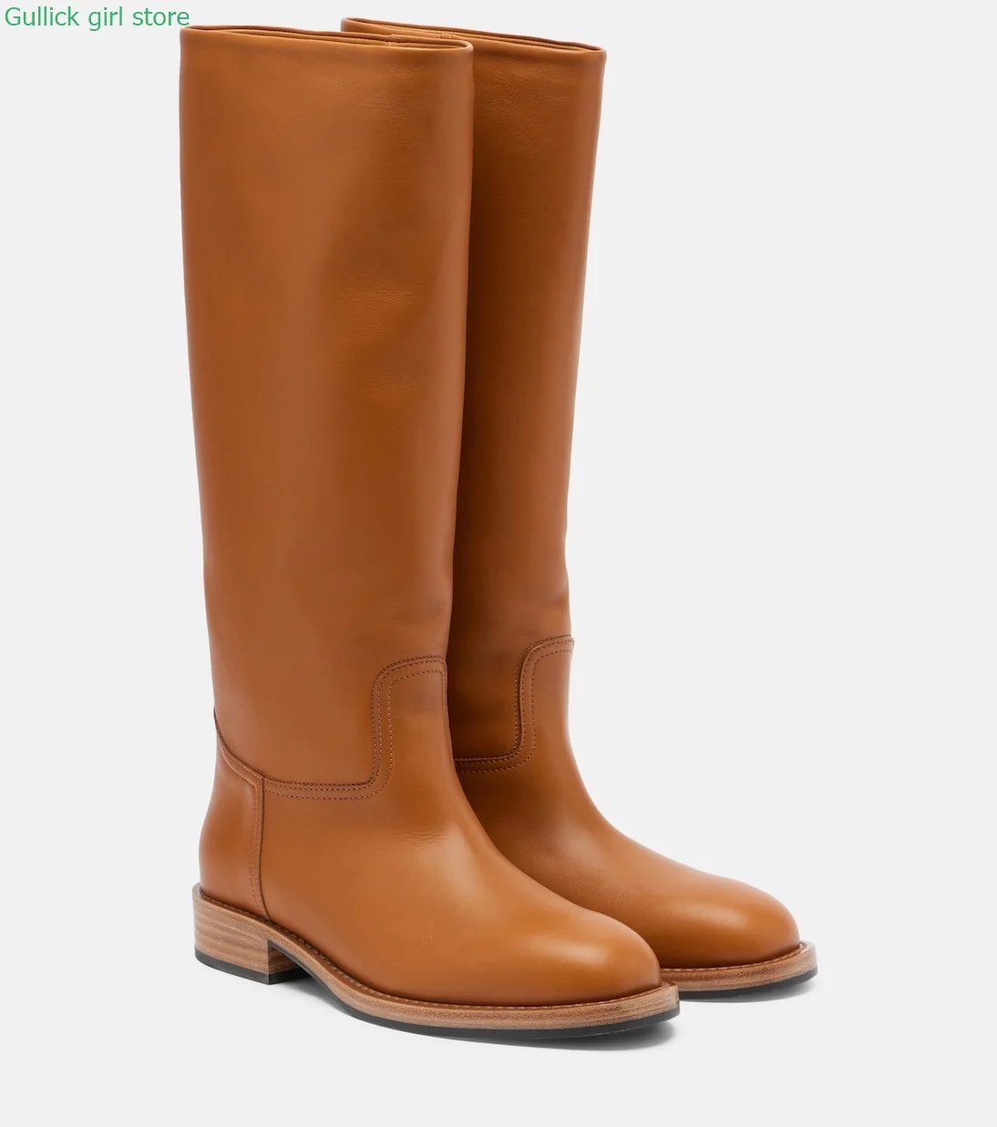 Braune Lederstiefel mit Rundzehe und Niedrigem Blockabsatz, Laufsteg-Mode 2026 Frühling Herbst Damen Schuhe zum Hineinschlüpfen, Maßgefertigte Schuhe