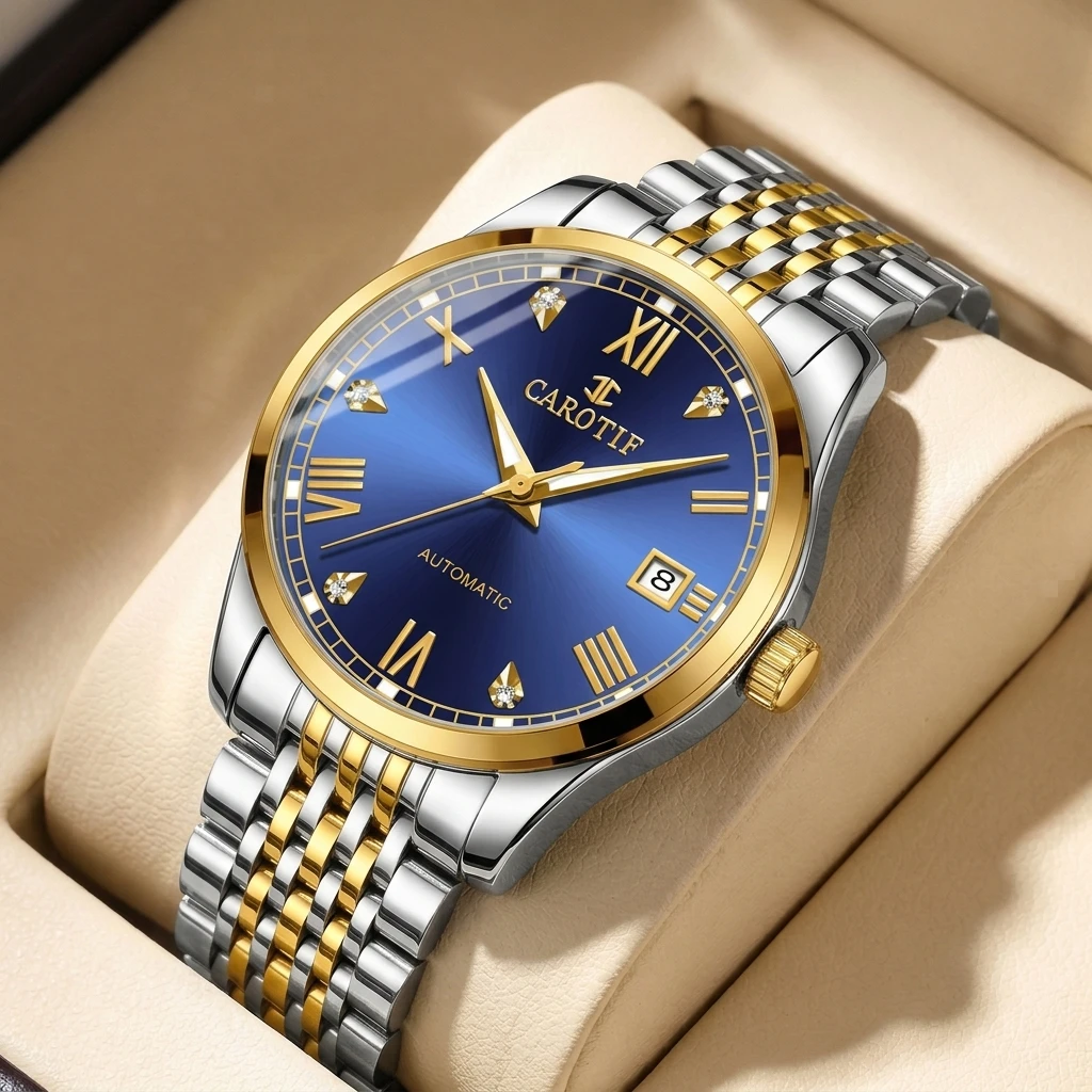 1 Stück Herren Automatikuhr, Blaues Zifferblatt, Zweifarbiges Metallarmband Römische Ziffern, Datumsanzeige, Business-Casual-Stil Image