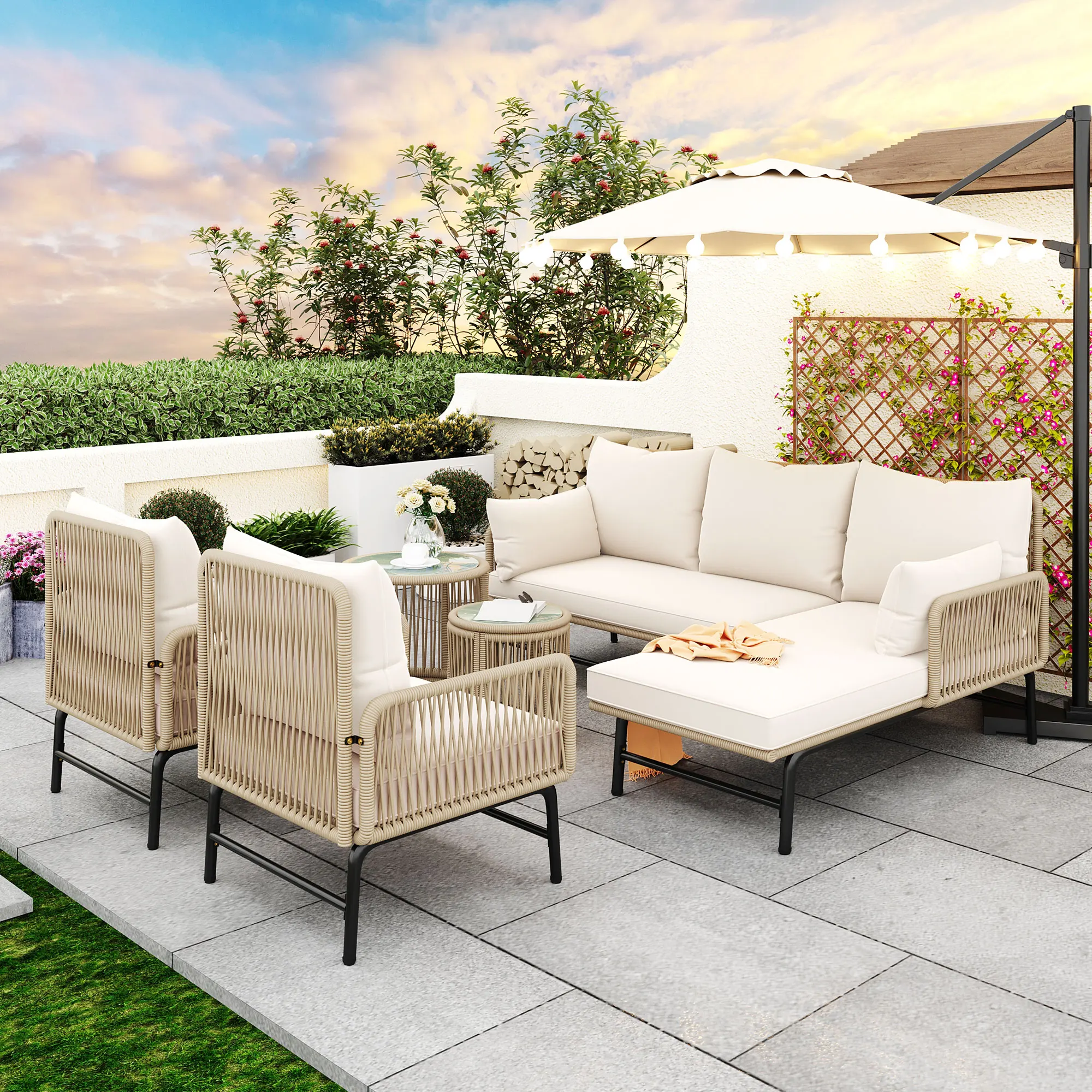 Garten-Lounge-Set, mit Eisenrahmen und beigem Seil, Gartenmöbel aus geflochtenem Seil, zwei Sessel (alle Kissen enthalten) Image