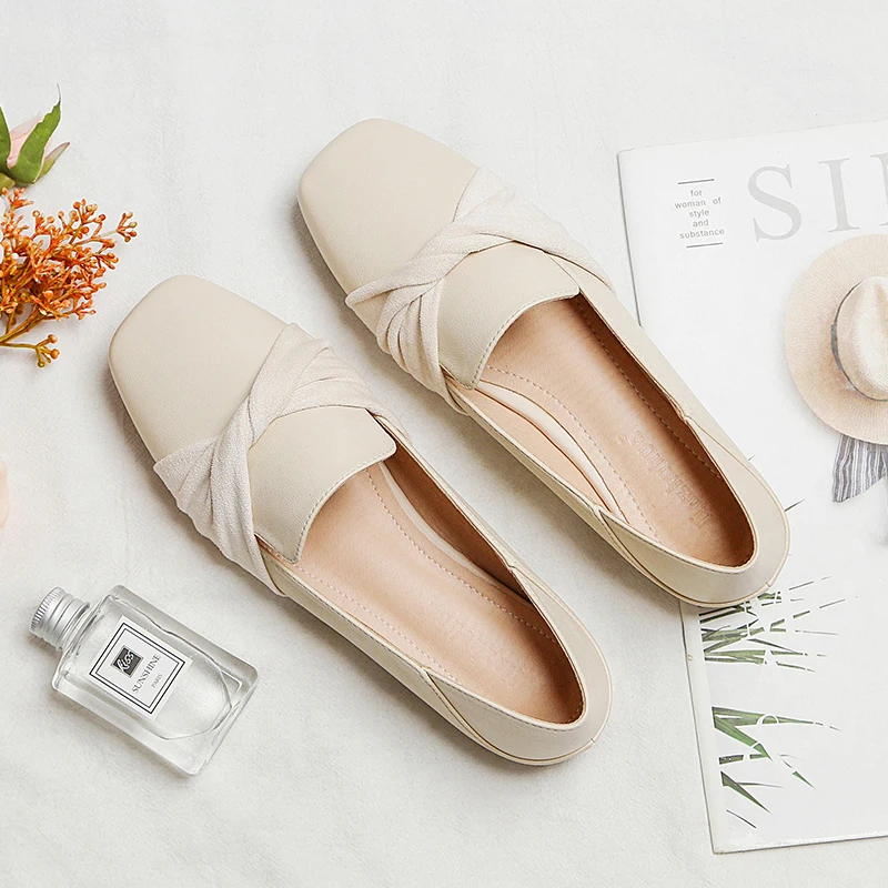 2023 frühling Sommer Neue Flache Ferse Schuhe für Frauen Karree Beige Einfache Prägnante Stil Frauen Wohnungen Große Größe 31-46 Mokassionen