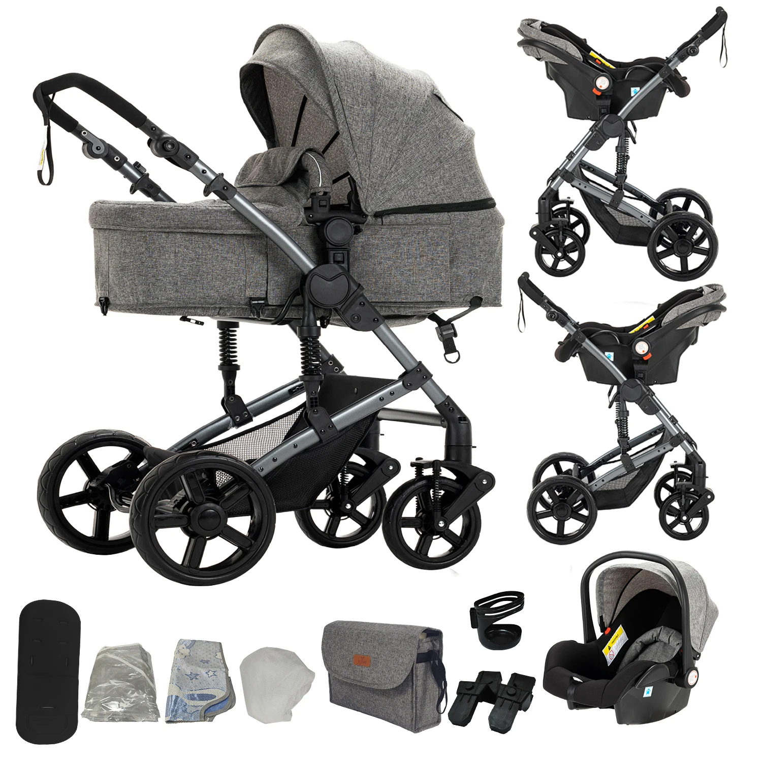 3-in-1-Kinderwagen mit Autositz, komfortabler Babywanne, leichtem Aluminiumrahmen, kompakter Faltmechanismus, leisen Rädern, Federung, hoher Sitzposition, umkehrbarem Sitz, Verdeck mit breitem