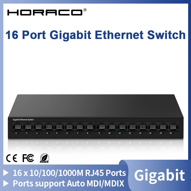 HORACO 16-Port Gigabit Netzwerk-Switch Unmanaged 1000M Switch Desktop Plug-and-Play Lüfterloser Homelab Ethernet-Switch Image