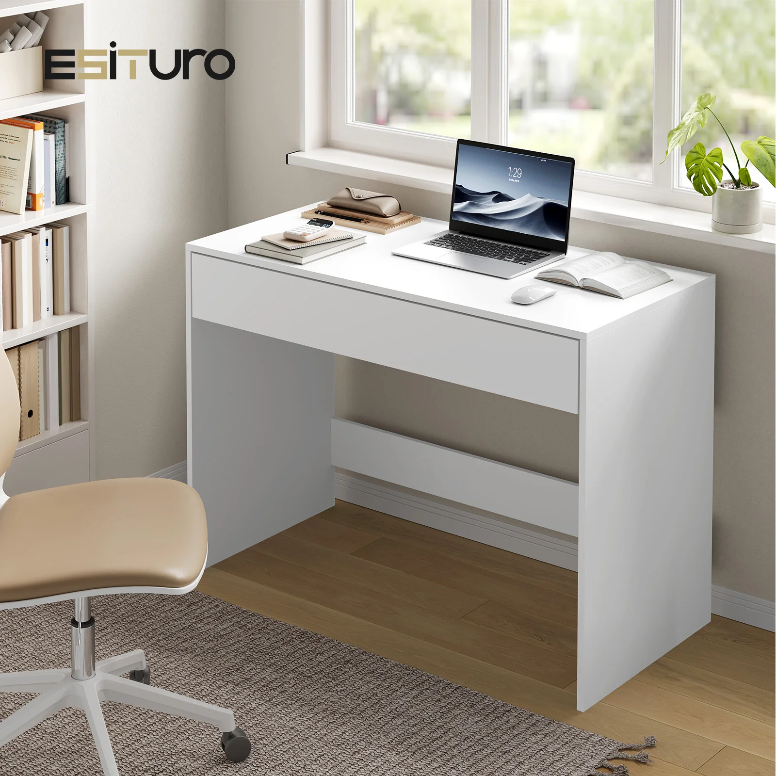 Weißer Computertisch mit 1 Schublade zur Aufbewahrung, 100 x 50 x 75 cm, PC-Laptop-Tisch, Bürotisch, Arbeitsplatz für Wohnzimmer, Heimbüro, Arbeitszimmer