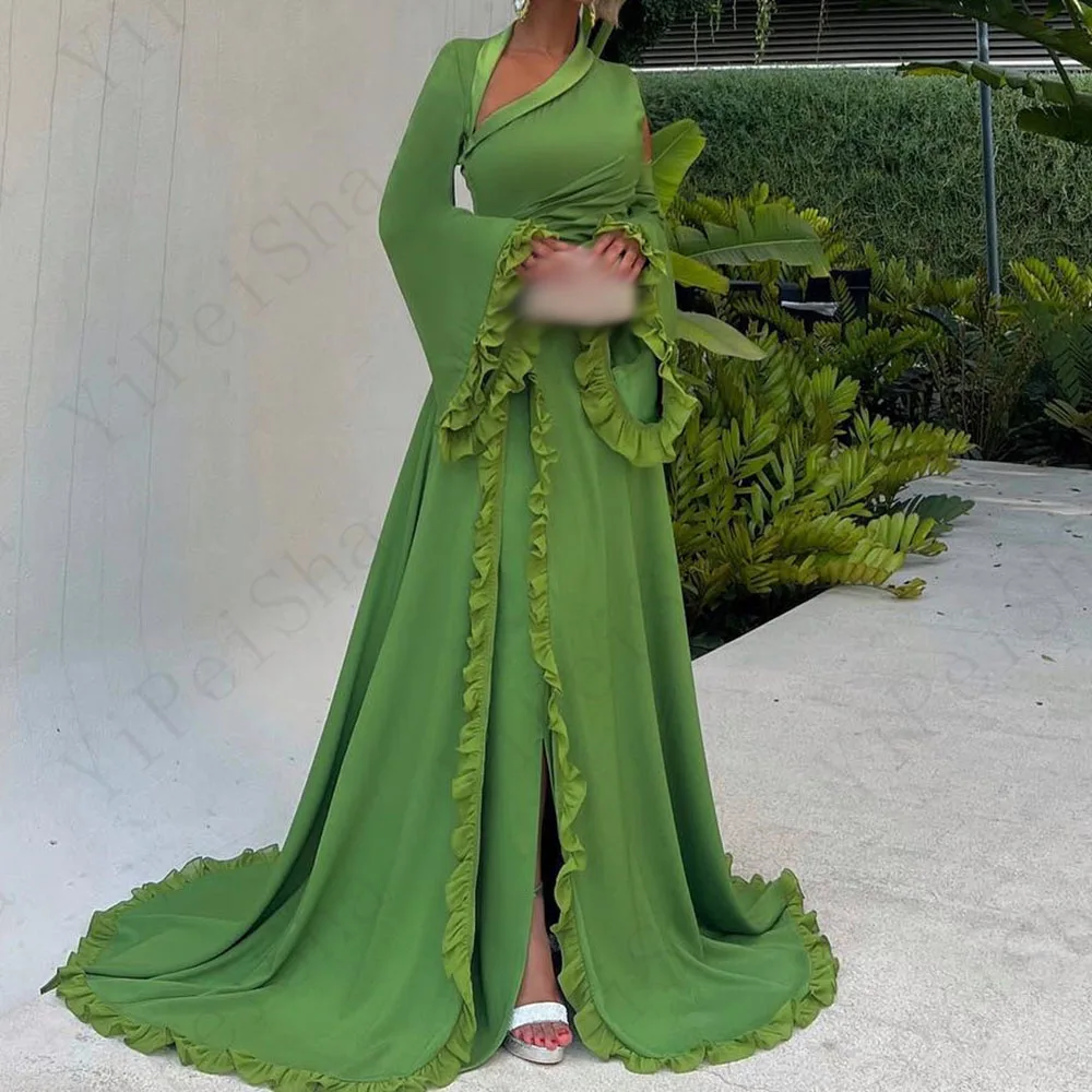 Customized Mermaid Prom Dresses Floor-Length V-Neck Full Sleeve Evening Gown Fashion Ruched Backless Simple Draped Party Gown