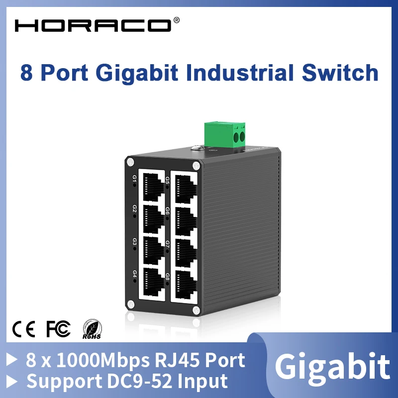 HORACO 8-Port-Gigabit-Industrieschalter 1000 Mbit/s Netzwerk-Ethernet-Switch, DIN-Schienenmontage, Plug-and-Play Image
