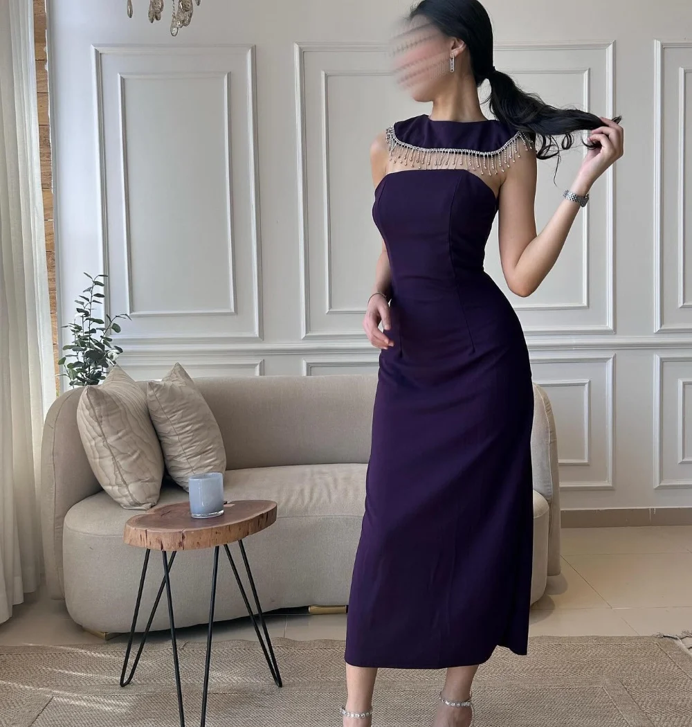 Customized Formal Sequined Pleat Straight Jewel Midi Dresses Quinceanera Simple Elegant Chinese Style