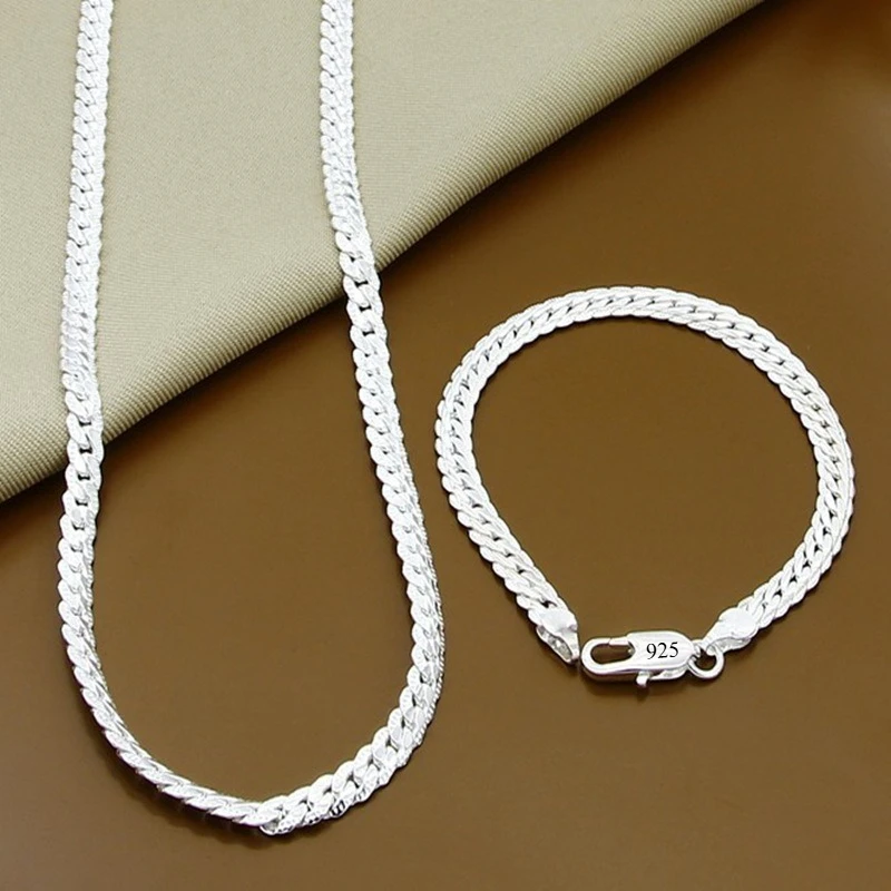 Edle Marken 5MM Flachkette 925 Sterling Silber Armbänder Halsketten Schmucksets für Herren Damen Mode Hochzeitsgeschenke Image