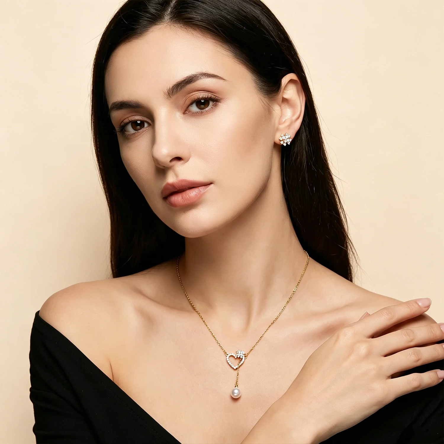Luxuriöses Roségold-Herz-Perlen-Anhänger-Set, Hochglänzende Zirkonia-Pavé-Lariat-Halskette & Ohrringe, Schicker Abendparty-Schmuck Image