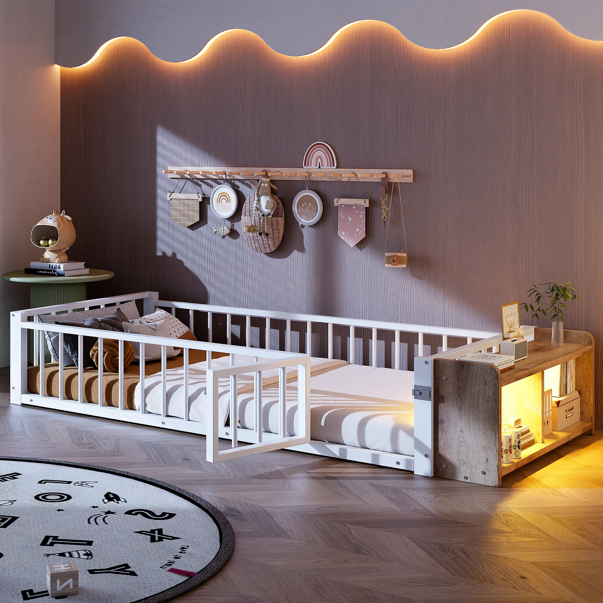 Bett mit Schutzgitter 90×200 cm, Einzelbett mit offenem Stauraum und LED, Kind, Metall MDF Weiß Image