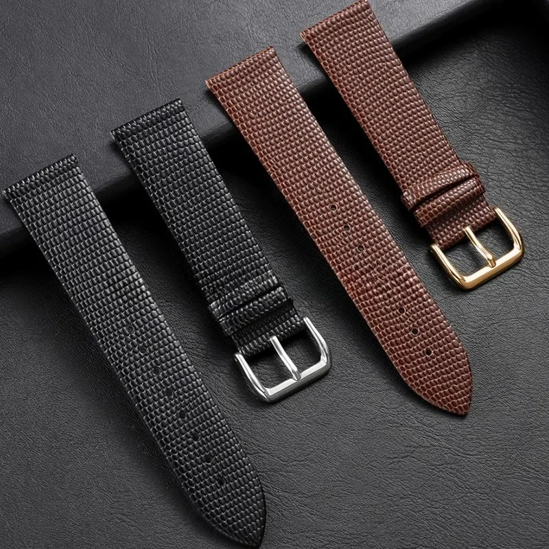 Braunes schwarzes Eidechsenmuster, dünnes Uhrenarmband, Kopfschicht aus Kalbsleder, universelles Armband für Herren und Damen, 10/12/14/16/18/20/22 mm Image