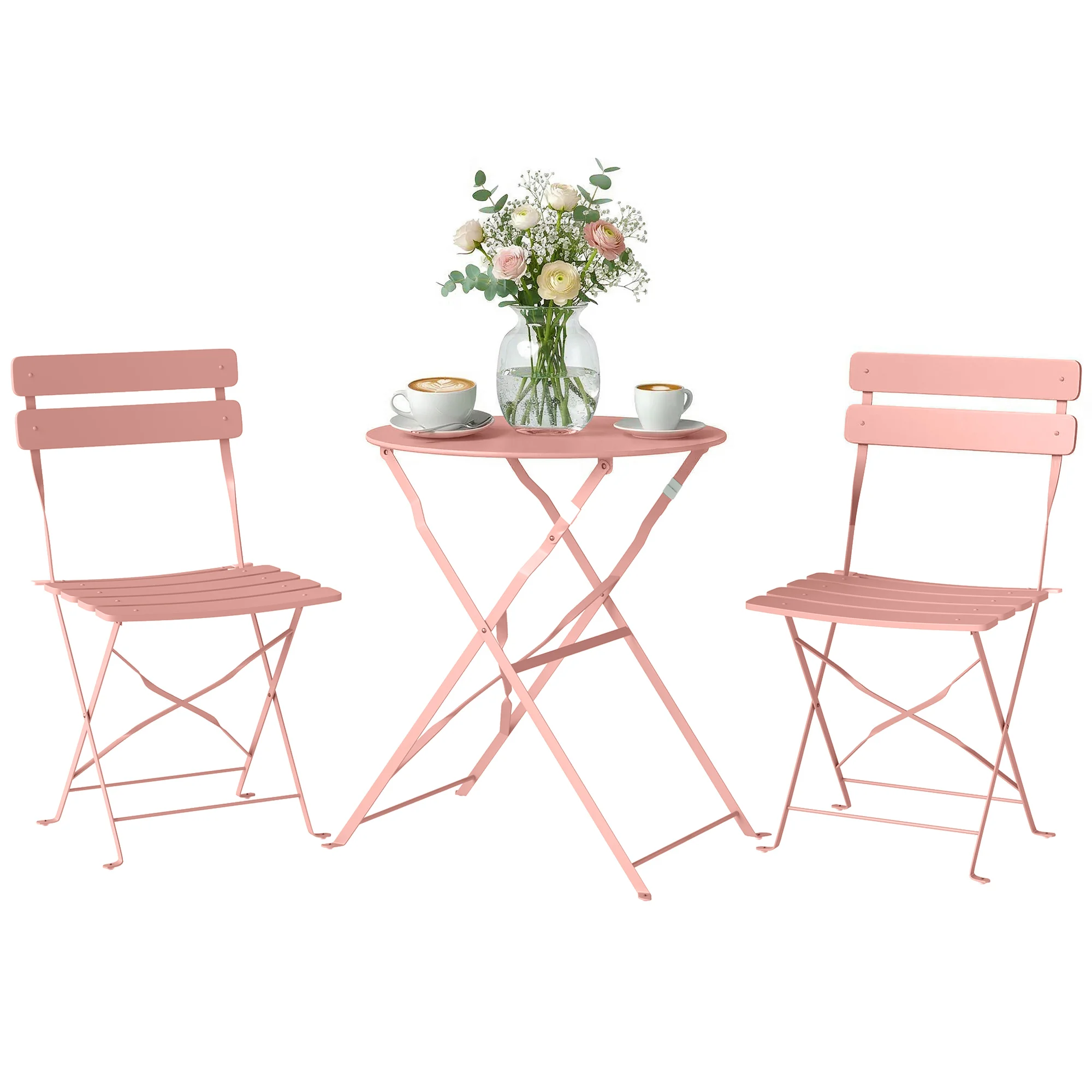Garten-Bistro-Set, 3-teilig, Klapptisch und 2 Stühle, doppelter Rostschutz, Pink, Gartenmöbel