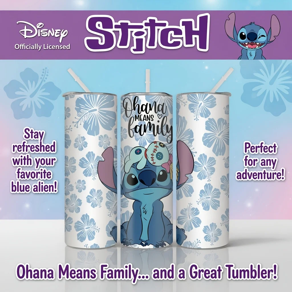 1 Stück 20oz Disney Stitch & Hibiscus Edelstahl-Thermobecher Isolierter Reisebecher mit Deckel & Strohhalm für Büro & Outdoor Täglicher Gebrauch Image