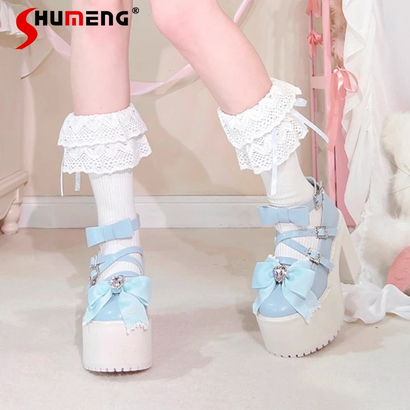 Japanischer Stil, in Massenproduzierte Subkultur, süße, elegante Lolita-Schuhe, Herz-Diamant-Schleife, vielseitige Mary Jane-Damen-High-Heels-Pumps