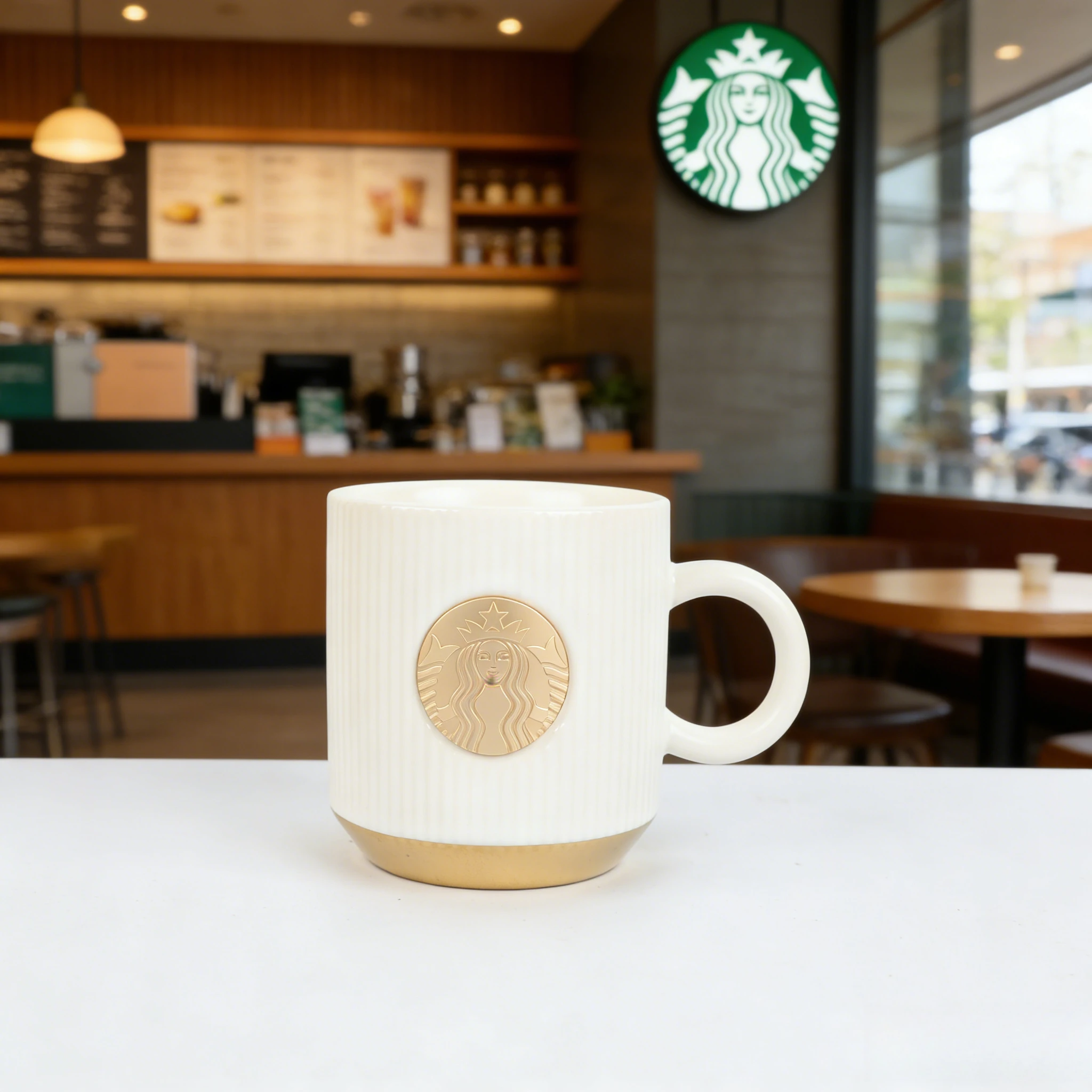 Starbucks Vintage Weiße Gerippte Tasse mit Goldenem Siren-Abzeichen 355ml Perfektes Feiertagsgeschenk Image