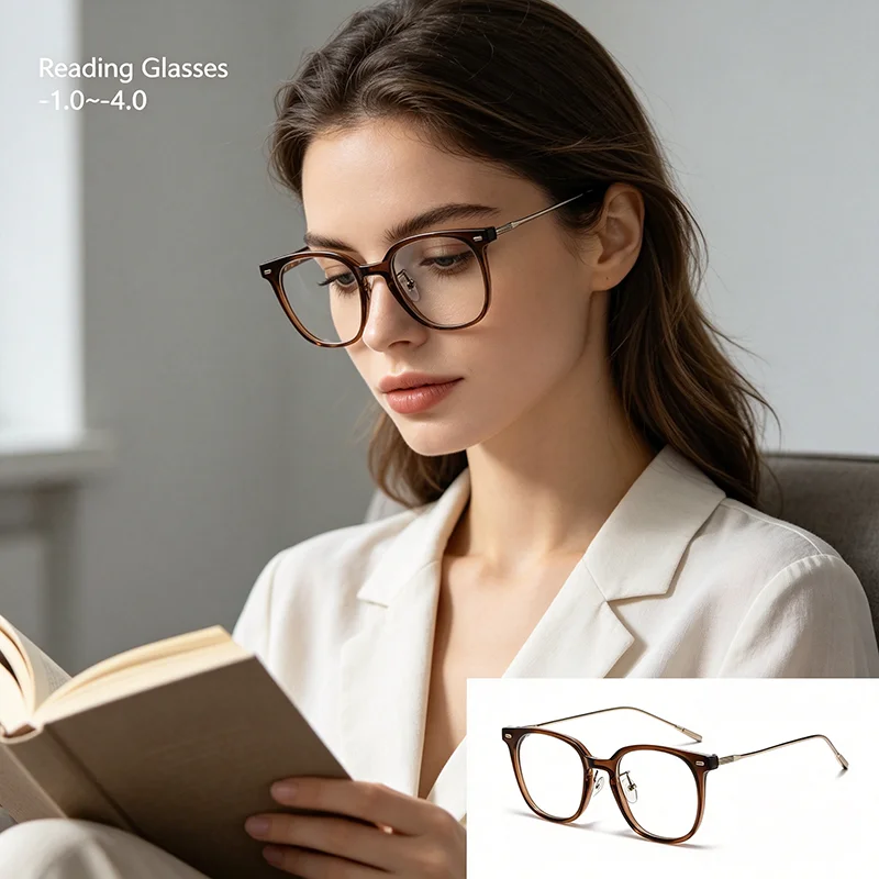Quadratische Anti-Blaulicht-Myopie-Brille für Damen, PC-Metall, leichte Korrektionsbrille, -1,0~-4,0 Dioptrien Image