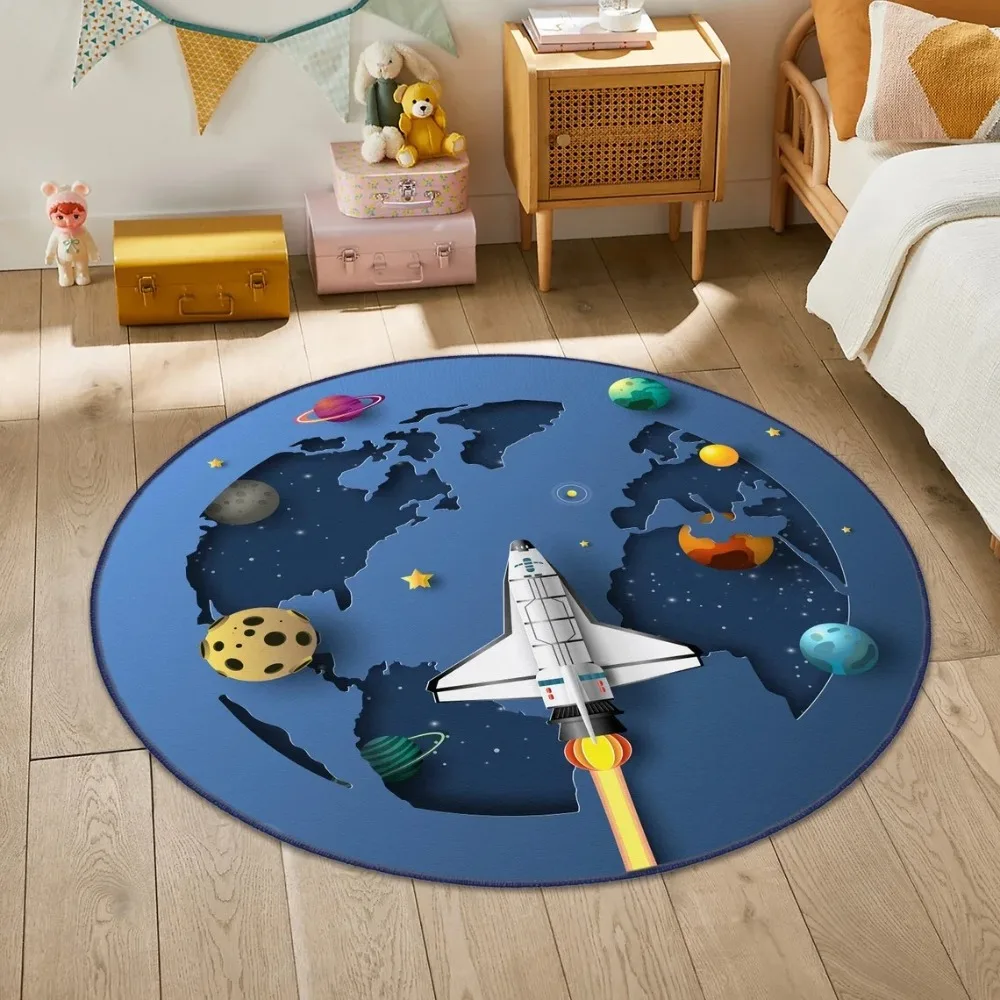 Runde Raum Thema Teppich Matte Teppich Hause Dekoration Kinderzimmer Astronaut Rakete Planet Muster Rutschfeste Boden Matte Schlafzimmer Teppich Image