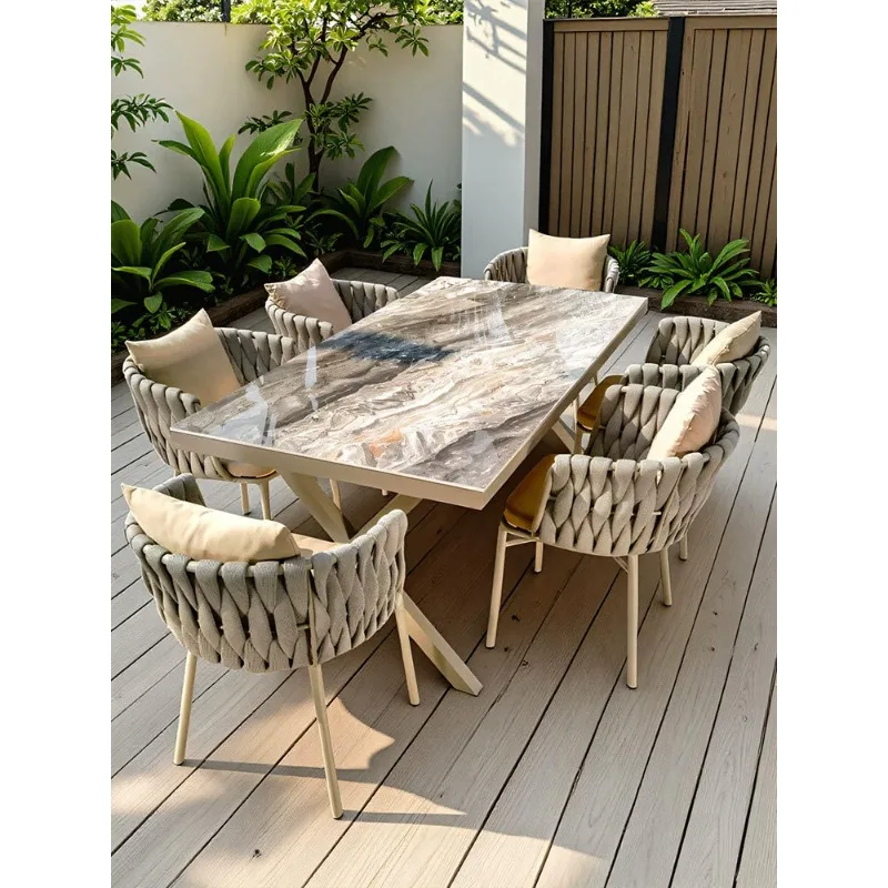 Nordic outdoor tables and chairs courtyard garden outdoor terrace leisure furniture woven rattan aluminum alloy rock slab table