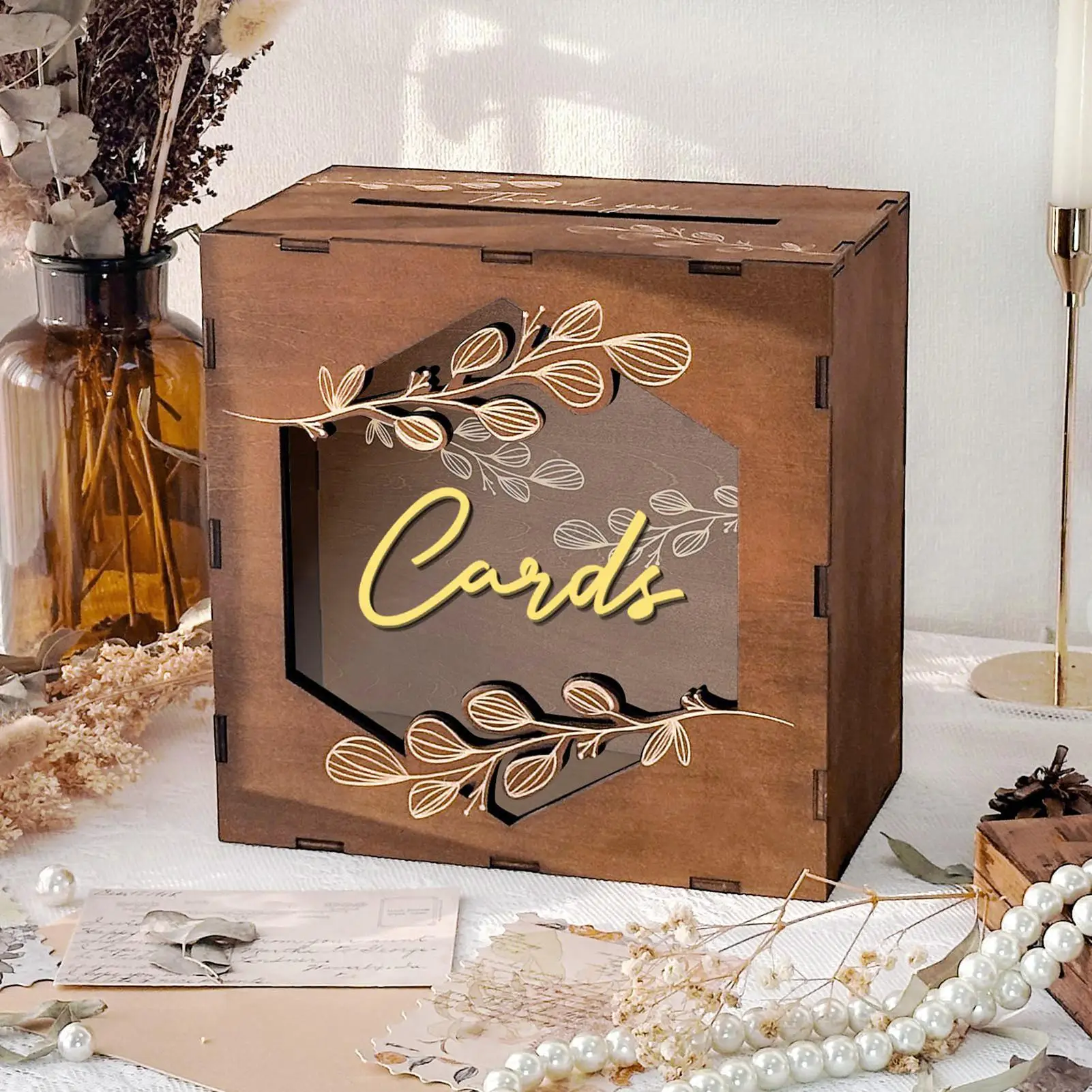Hochzeitskarten-Box Rustikale Holz-Acryl Vintage Geldkassette mit Fenster Andenken-Organizer Party-Dinner-Zeremonie-Dekoration Image