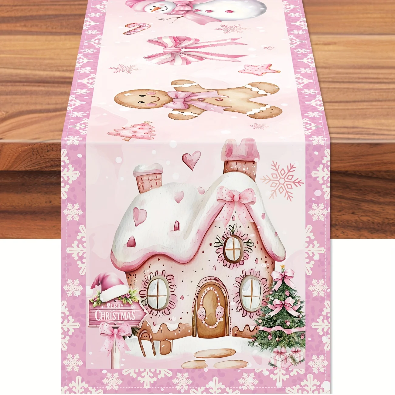 Weihnachten Lebkuchenmann Tischläufer Grün Rot Weihnachten Weihnachtsmann Schneeflocke Home Küche Dekor Winter Urlaub Süßigkeiten Vintage Sackleinen Image