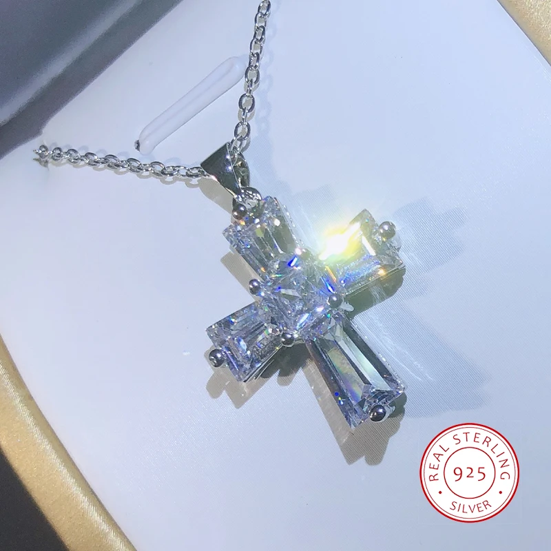 925 Sterling Silber Zarten Dazzling Klar Zirkonia Kreuz Anhänger Halskette Für Frauen Halskette Hochzeit Luxus Schmuck Image