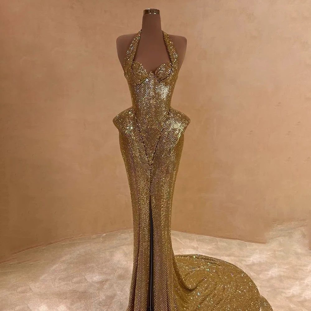 Golden Glowing Halter Neck Evening Dresses Sparkling Sleeveless Floor-length Luxurious Prom Dresses for Red Carpet Gala Banquet
