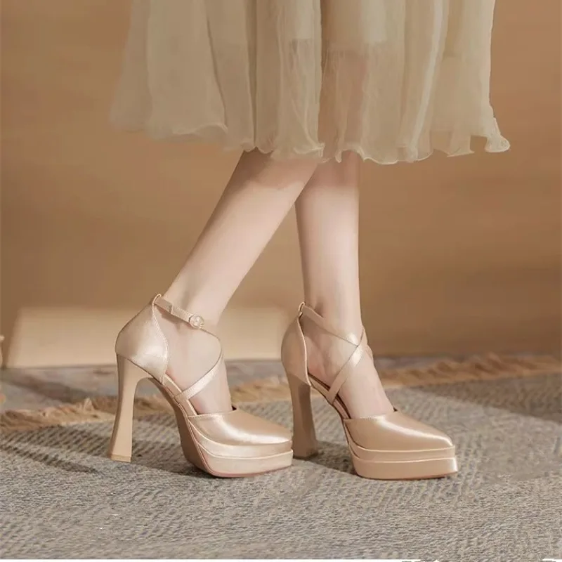 Spitze Pumps mit Blockabsatz, Plateau und Hohldesign, Extrem Hoher Absatz, Rutschfeste und Verschleißfeste Damenschuhe
