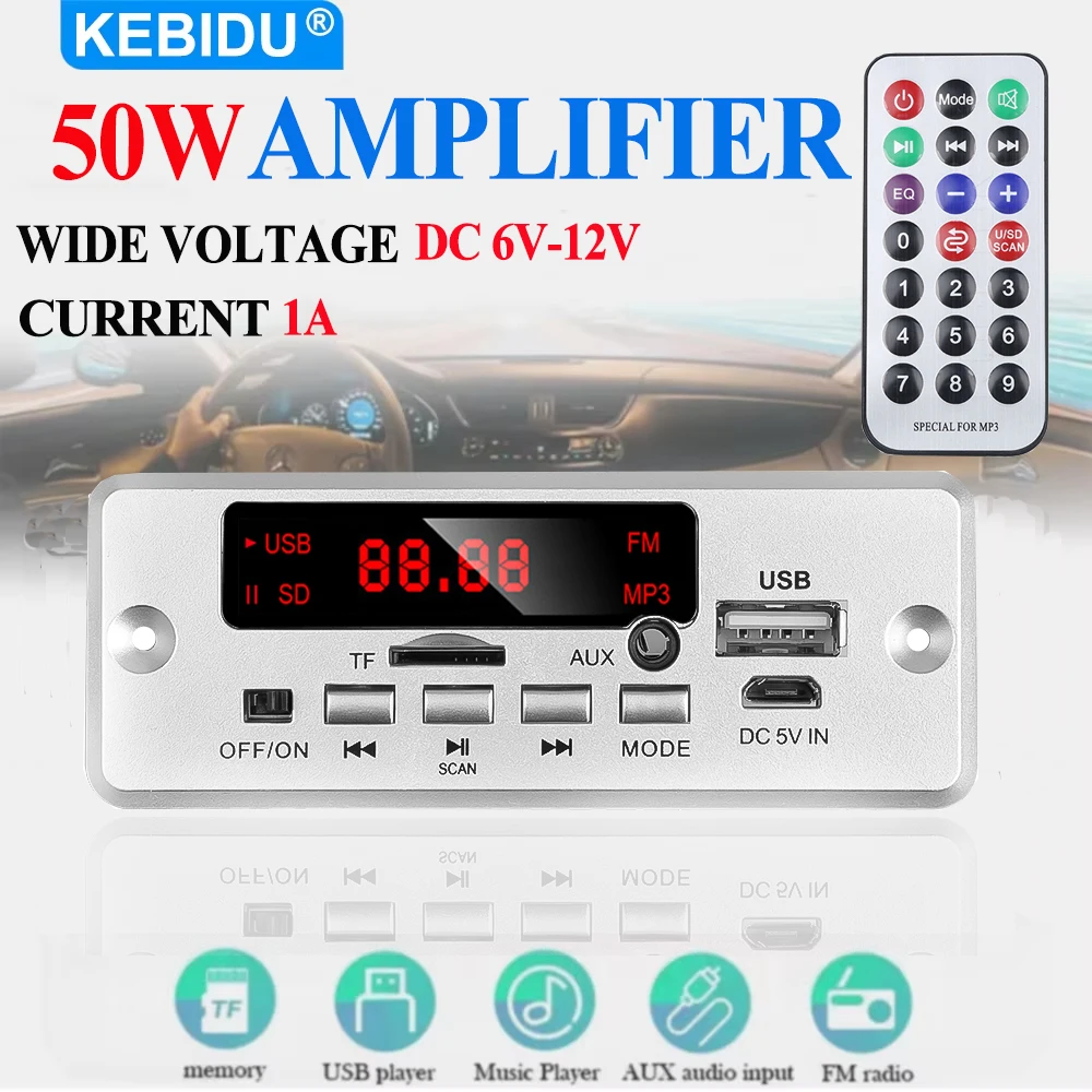 KEBIDU 50W Verstärker Bluetooth MP3 WMA Decoder-Board Auto-MP3-Player Audio-Modul USB TF FM-Radio Freisprechfunktion für Lautsprecher Image