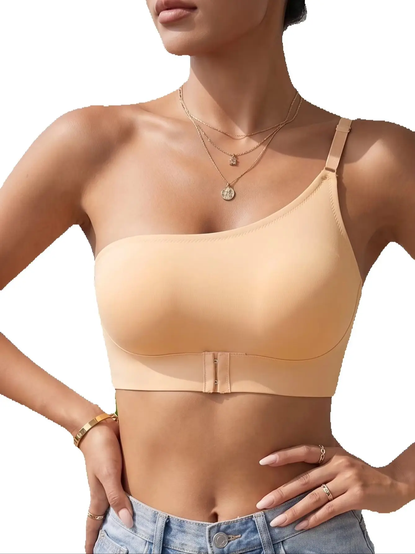 Nahtloser One-Shoulder-BH für Damen mit Frontverschluss, bequem, ohne Futter, kabellose Unterwäsche Image