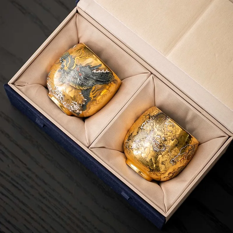 Teetasse aus reinem Gold mit Drachen- und Phönix-Motiv, Paartasse, Meistertasse, persönliches, besonderes, vergoldetes Kung-Fu-Teeset, Merchandise von Guochao Image