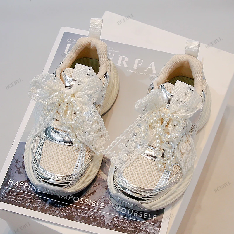 Baby-Sale: Frühling/Herbst Mode Atmungsaktive Dicksohlige Schleifen-Perlen-Sportschuhe – Weiche Lauf- und Freizeitschuhe für Kinder, Vulkanisierte Schuhe