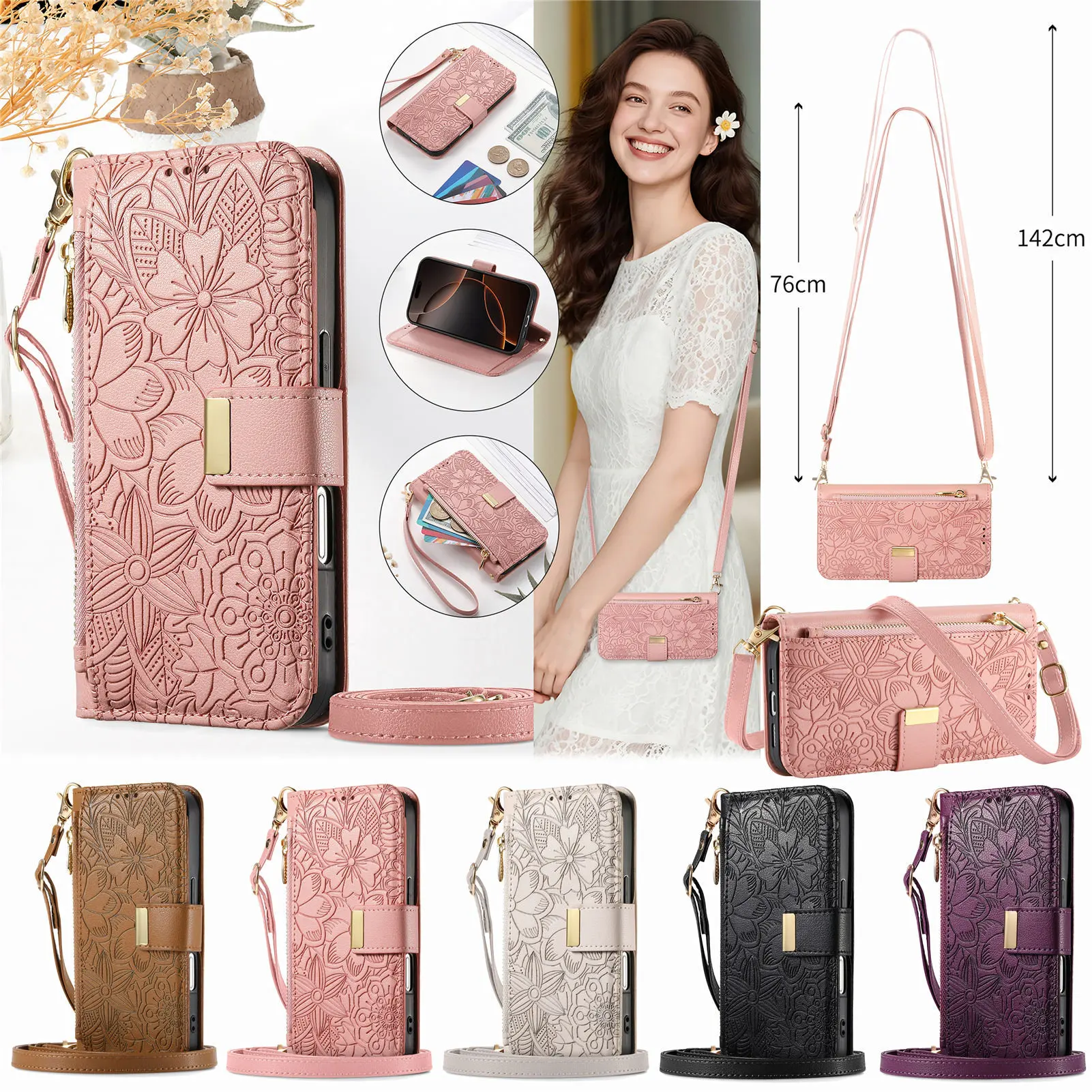 PU-Leder Reißverschluss-Crossbody-Flip-Wallet-Handyhülle mit Kartenfach und Handschlaufe für Xiaomi MI 17 Ultra 15T Pro 14T 13T 11 LITE Image