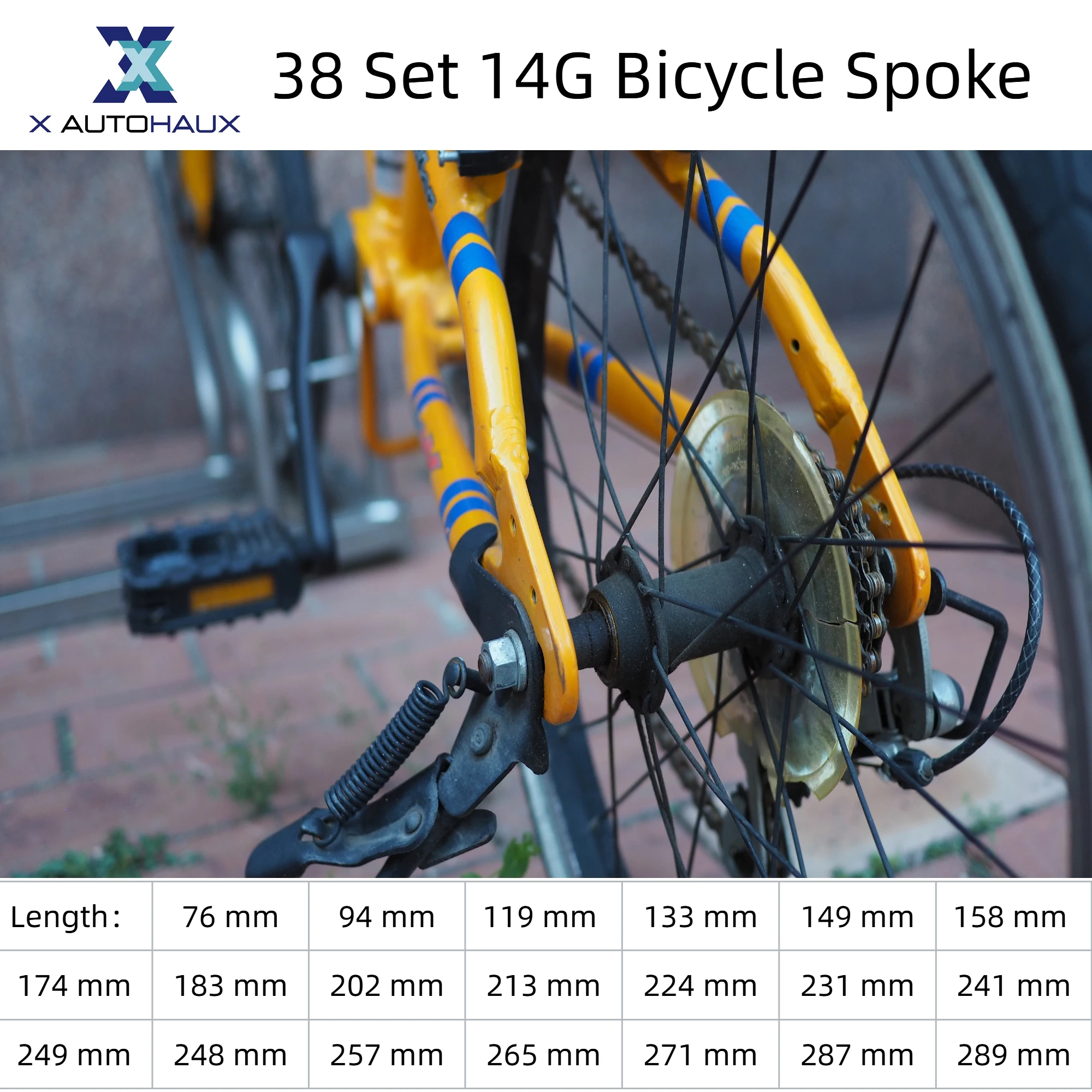 X Autohaux Carbonstahl 38er-Set 14G 174mm 183mm 202mm 213mm 224mm 231mm 241mm 249mm 248mm 257mm 265mm 271mm 287mm Fahrradspeichen Image