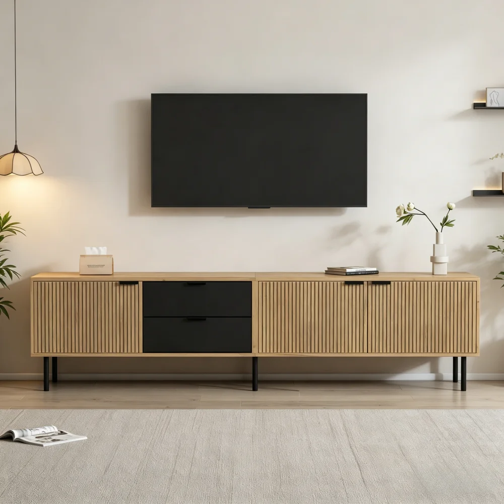 Meuble TV en panneau de particules 208×40×48 cm, meuble TV bas moderne pour salon avec 3 tiroirs de rangement, système de gestion des câbles pratique, table console de divertissement stable, meuble