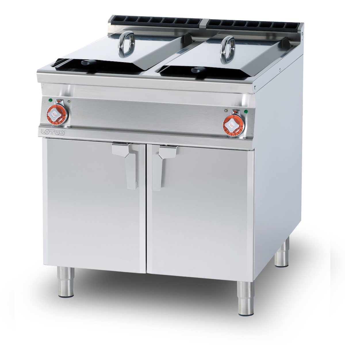 Redcook Gas Friteuse 2 Becken 25+25 lt. Struktur in Edelstahl gebaut. Abmessungen 80x90 h90 cm. Modell F2/25-98G Image