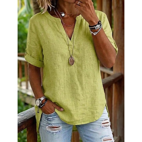 Damen Bluse Einfarbig Vintage Stilvoll Klassisch Kurzarm V Ausschnitt Crop Tops Lässig Täglich Blau Grün Beige Sommer Frühling Image