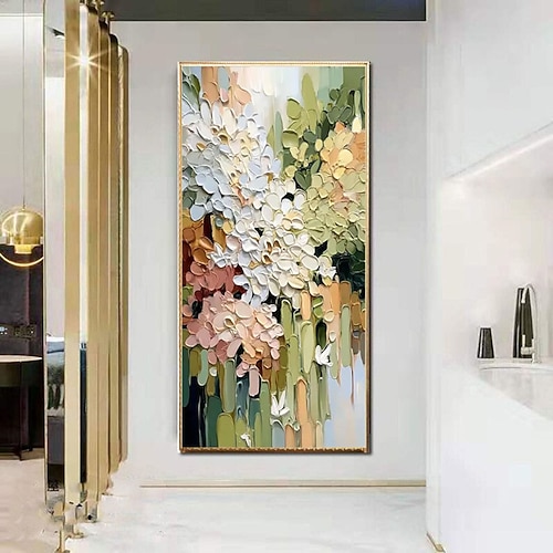 Blumenölgemälde, handgemalt, strukturiertes Blumenbild, abstraktes weißes Blumenölgemälde, Impasto-Technik, Salbeigrün modernes, großformatiges Ölgemälde mit Spachteltechnik in zartem Rosa Image