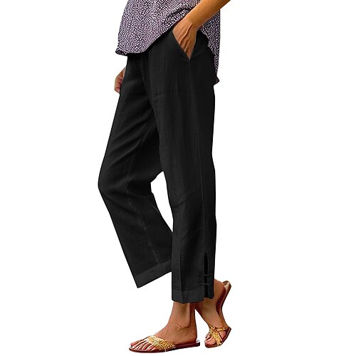 Damen-Chinos aus 100 % Baumwolle, Sommerhose, Urlaubs-Streetwear, Basic, lange Länge, mittlere Bundhöhe, schlicht, Tasche, elastischer Bund, bequem, komfortabel, nicht elastisch, für Alltag, Outdoor, Urlaub, grau, schwarz, weiß, olivgrün, Sommer Image