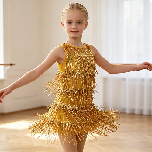 Lateinamerikanischer Tanz Kleid Quaste Unifarbe Spleißen Damen Training Leistung Ärmellos Natürliche Taille POLY Image