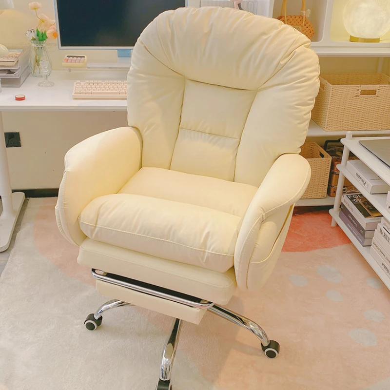 Verstellbarer Bürostuhl mit Rollen, Komfortabler Chefsessel in Beige-Weiß, Drehbarer Tragbarer Arbeitsstuhl, Büromöbel