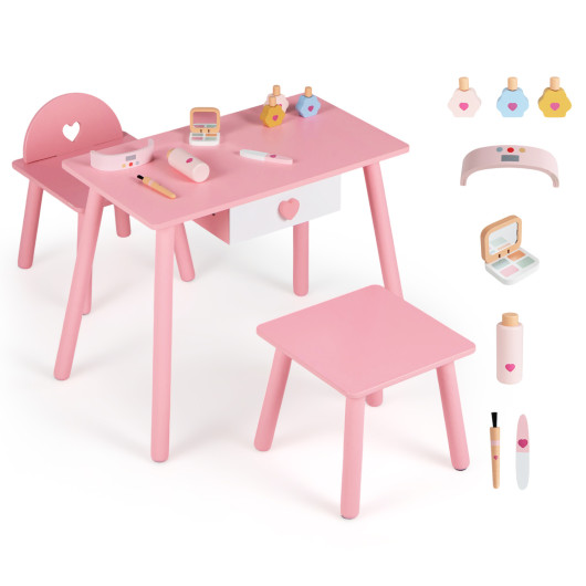 Costway Kids Pretend Nail Salon Playset with Wooden Toddlers Makeup - Pink