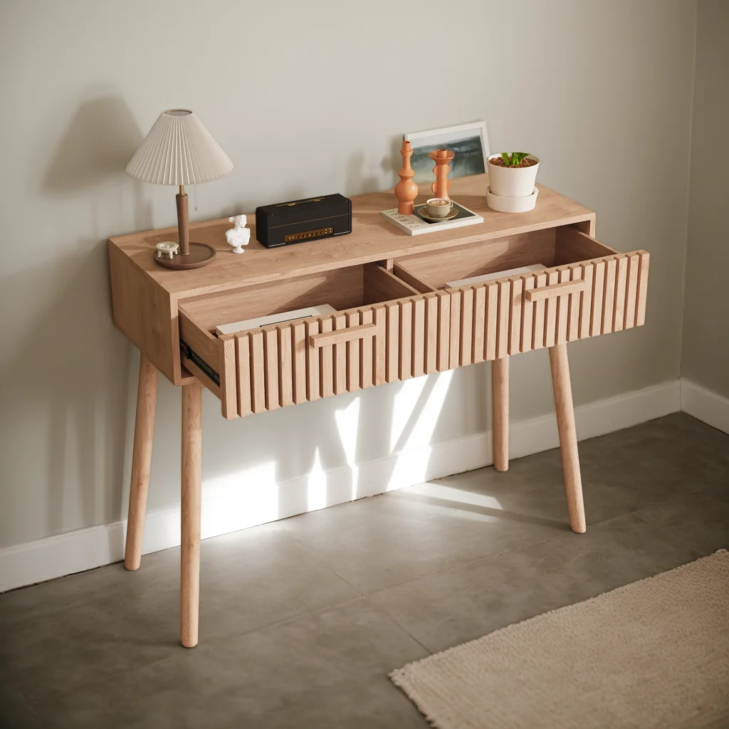 Comanlai 100×35×80 cm Beistelltisch mit 2 Aufbewahrungsschubladen und Tischecken, Wohnzimmertisch, Holz-Konsolentisch, Naturfarben