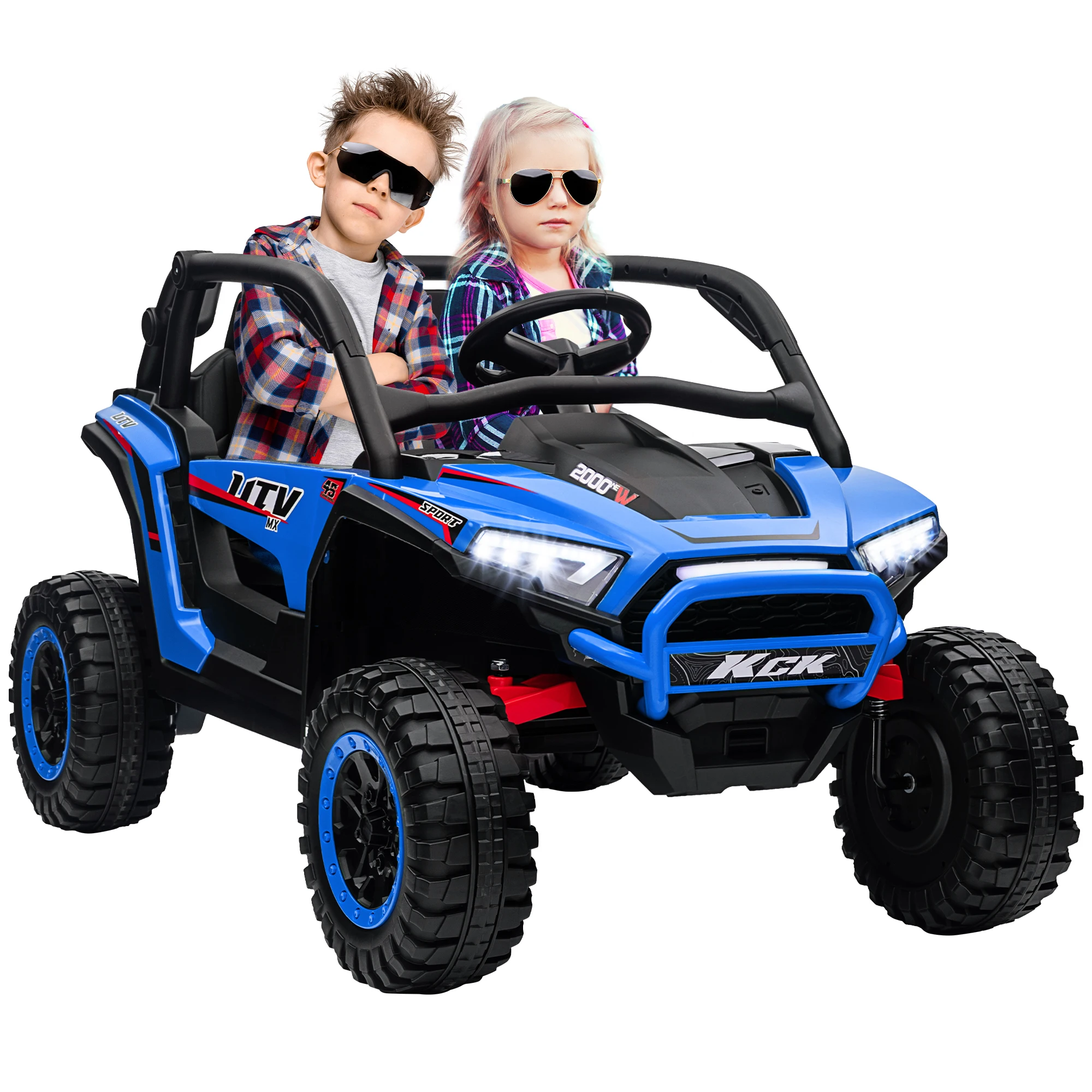 Voiture électrique pour enfants, 5-7 km/h, 2 places, télécommande, musique, lumières, temps de conduite 1 heure, bleu, véhicule tout-terrain pour enfants, voiture jouet électrique, voiture pour