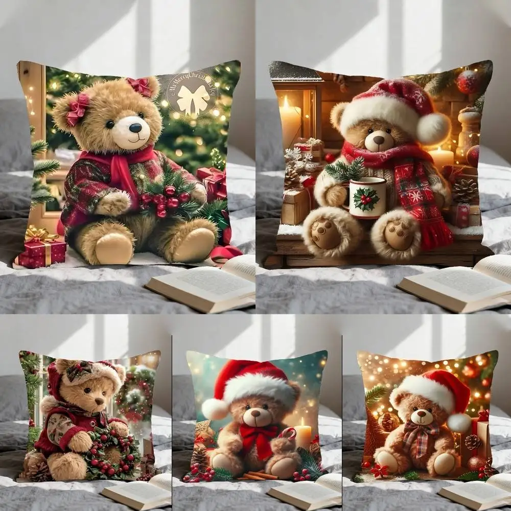 Weihnachtsbär hält eine Girlande, Kissenbezug, weich, niedlich, Überwurf, Pillo-Hülle für Auto, Sofa, Kissenbezug, Polyester mit Reißverschluss Image