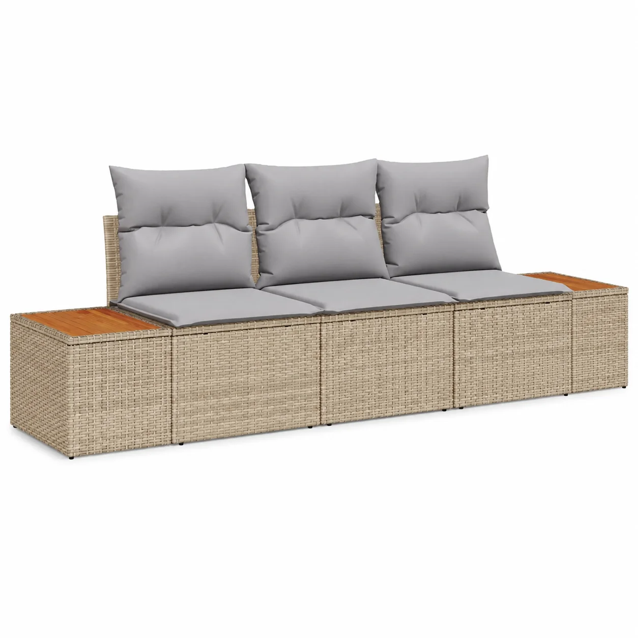 3-teiliges Garten-Sofa-Set mit Kissen, Beige Polyrattan-Akazienholz-Gartenmöbel, Terrassen-Sitzgruppe mit Stauraum, Wetterbeständig für Balkon, Terrasse, 3-Sitzer, 300 kg Tragkraft