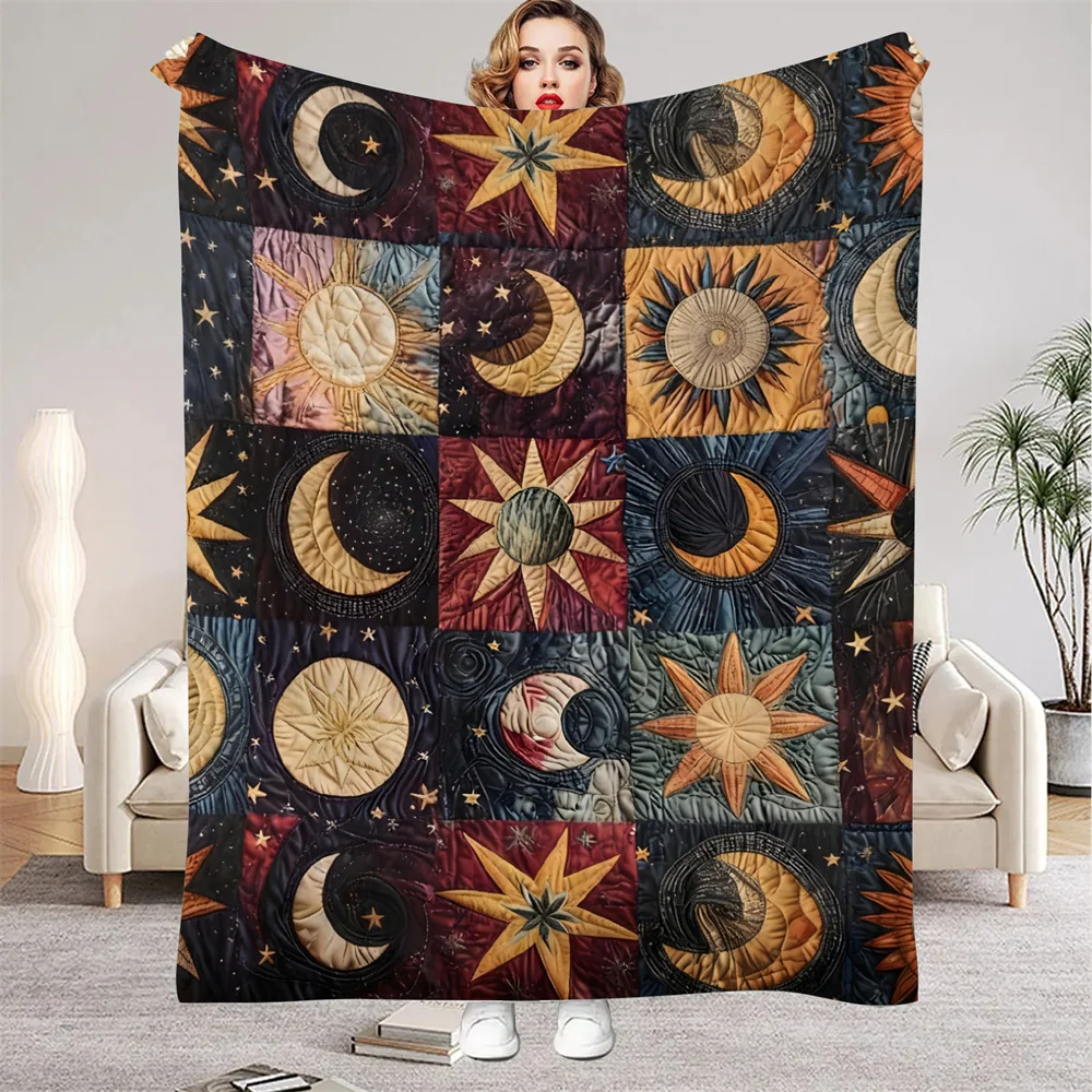 Flanelldecken im Boho-Stil, Mond, Sonne, Stern, warm, für Winter, Reisen, Schlafzimmer, Sofa, Geburtstagsgeschenke für Kinder, weiche Überwurfdecke Image