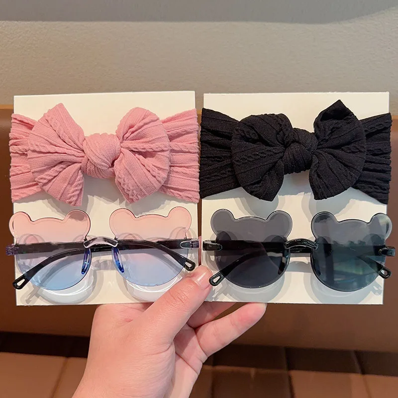 2/4 Teile/satz Neue Baby Mädchen Jungen Nette Einfarbig Bowknot Haarband Schöne Bär Gläser Set Kinder Kinder Haar zubehör Set Image