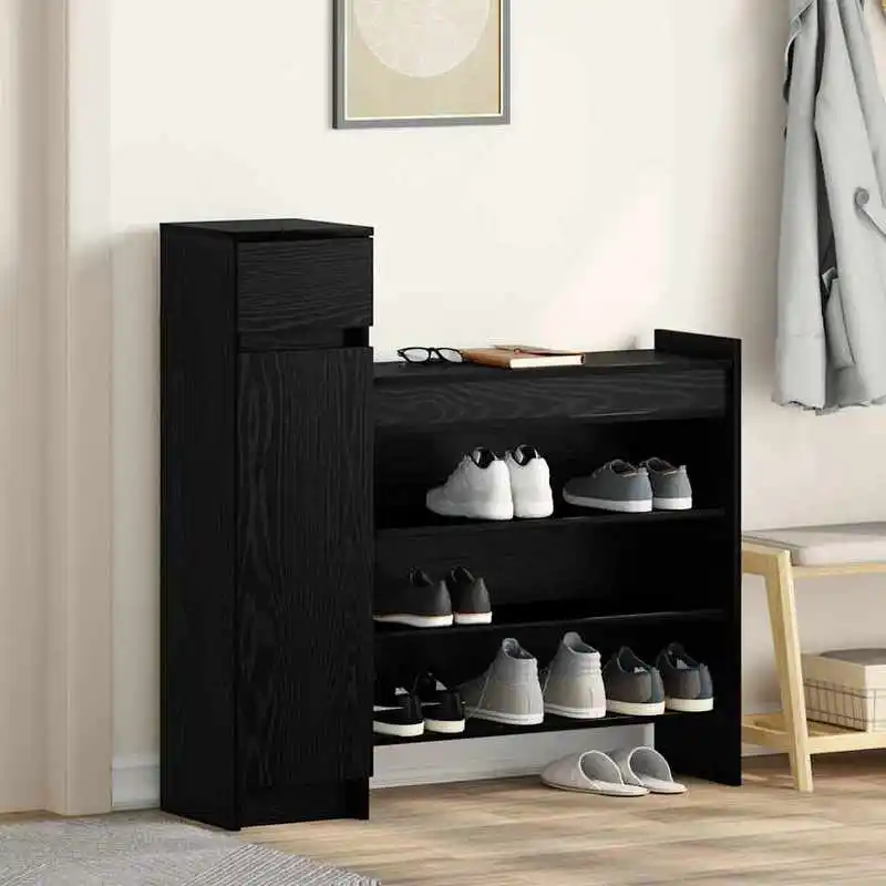 Schuhschrank mit Schublade, Eiche schwarz, 100,5 x 28 x 100 cm, geeignet für Wohnzimmer und Veranda