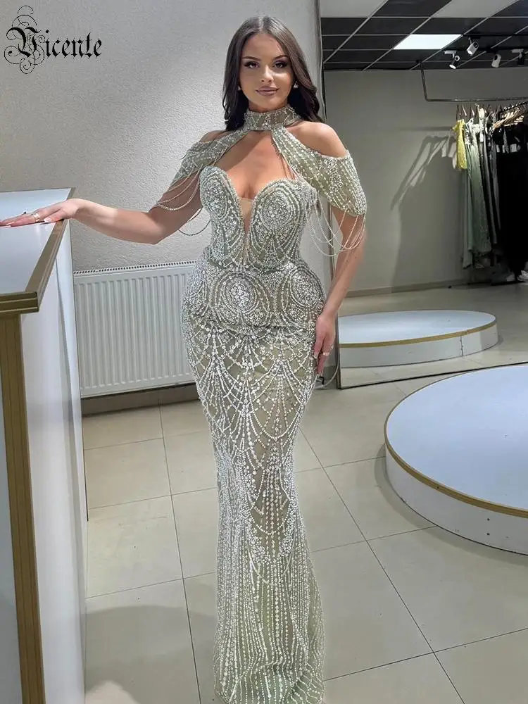 VC 2026 Luxuriöses grünes Perlen-Meerjungfrauenkleid für Damen, Kristall-Quasten-Abendkleid, elegantes Ballkleid, Partykleid, Damenkleid Image