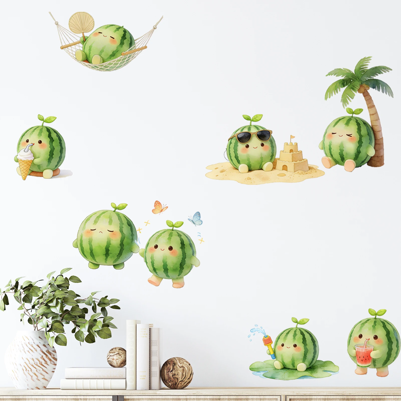 Aquarell-Wassermelonen-Wandaufkleber, Sommerliche Wassermelonen-Figuren mit Strand- und Spaß-Szenen, Vinyl-Wandsticker für Heimdekoration